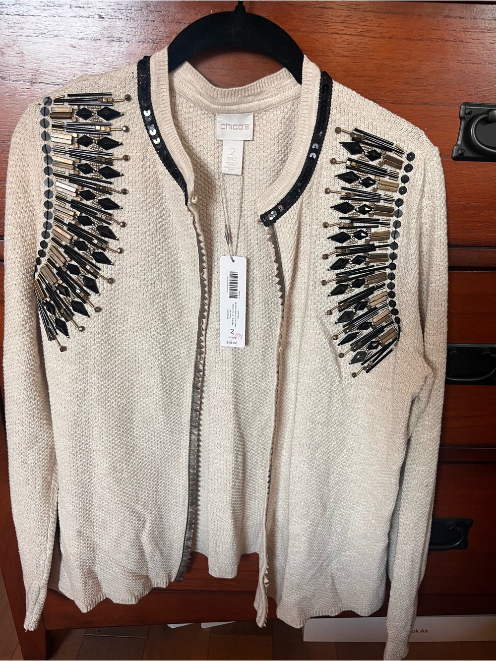 Chico's Cream Embellished Open-Front Cardigan